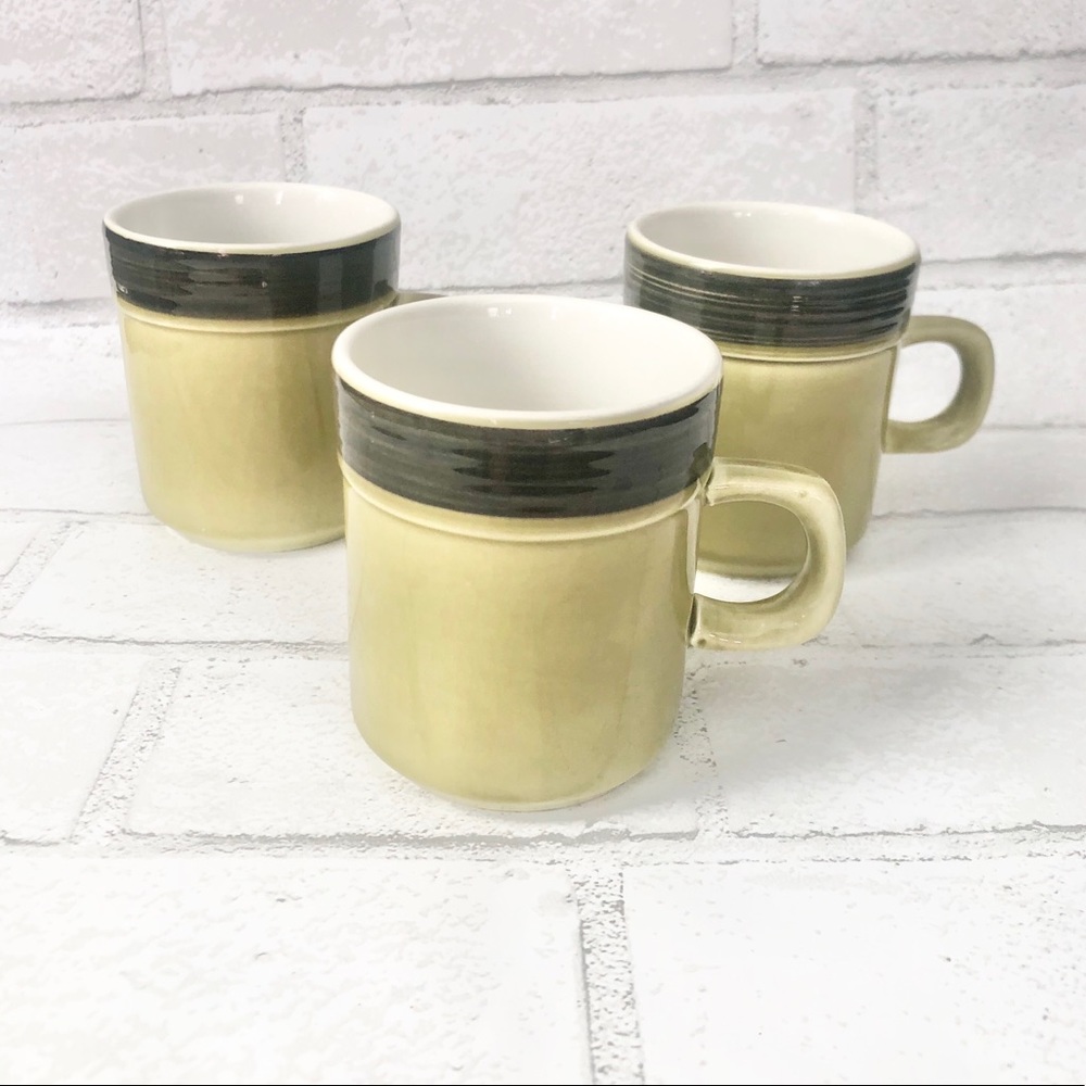 Vintage Mikasa Terra Stone "Erin" Mugs #7404 - Set of 3 MCM Avocado Green